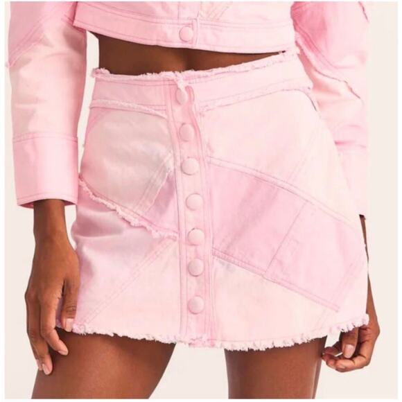 LoveShackFancy Dresses & Skirts - LoveShackFancy Cayde Skirt Womens 6 Pink Mini Raw Edge Cotton Colorblock Patch
